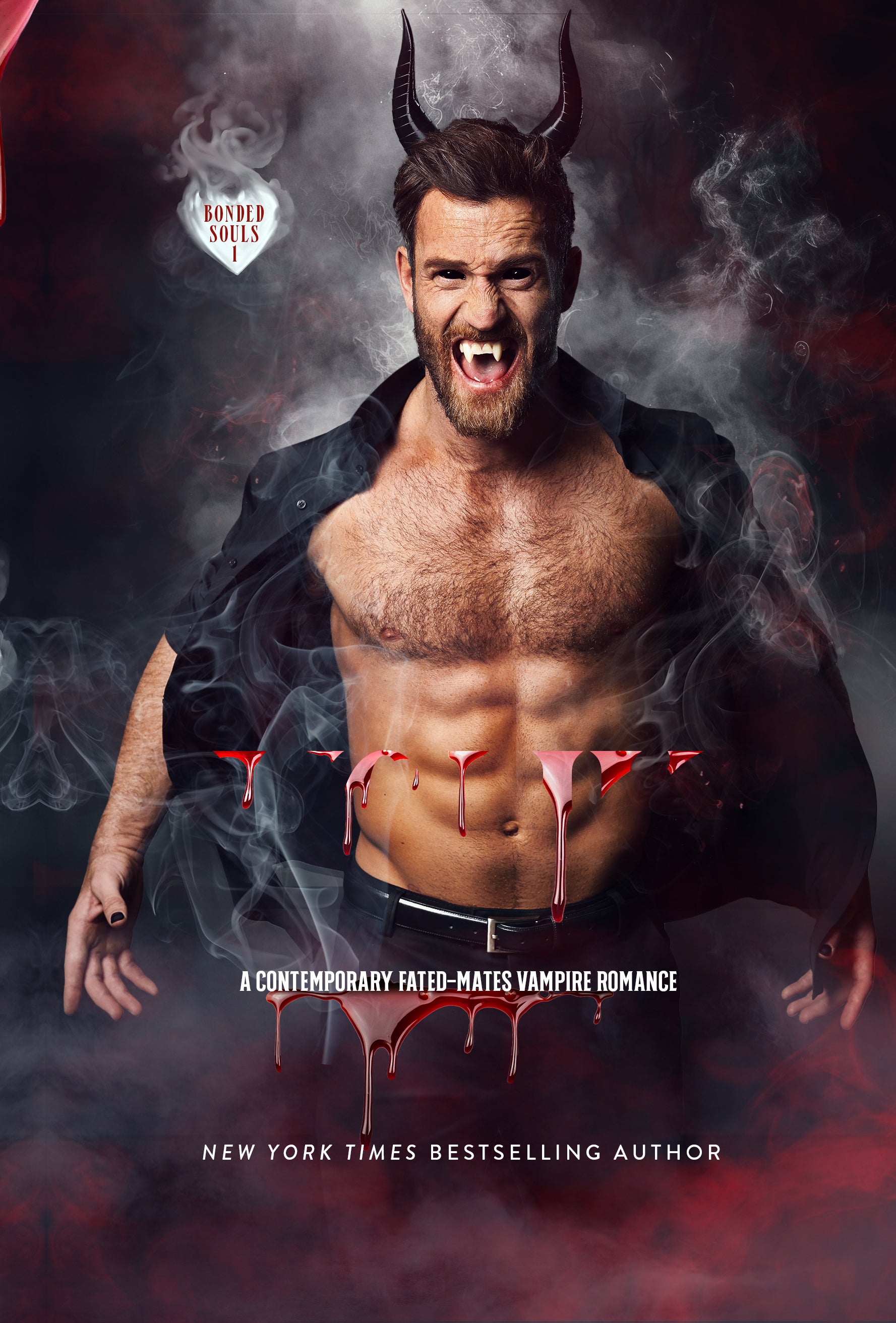 Man with horns and blood on chest against dark background, promotional image for a book.