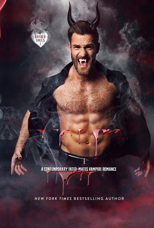 Man with horns and blood on chest against dark background, promotional image for a book.